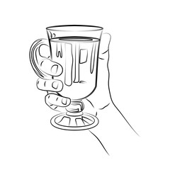 Hand holds glass of mulled wine. Traditional hot winter drink in glass goblet. Christmas alcohol warming drink with spices. Use for print, postcard, menu, label, poster. Sketch, linear contour drawing