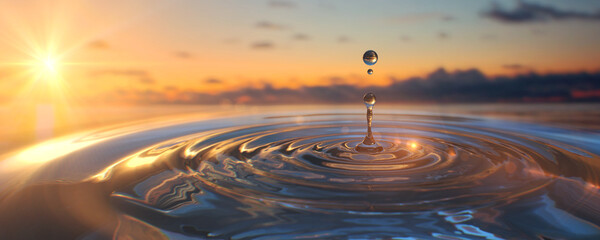 Clear Water drop with circular waves on sunset background - 527510671