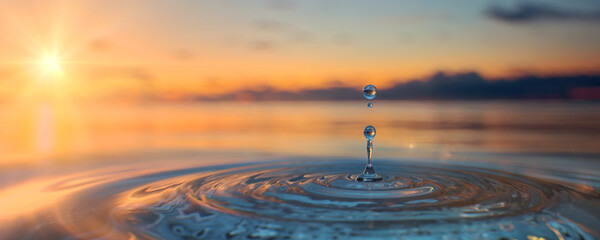 Clear Blue Water drop with circular waves on sunset background