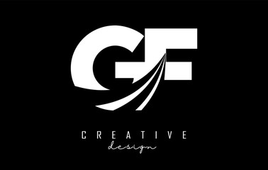 Creative white letters GF g f logo with leading lines and road concept design. Letters with geometric design.