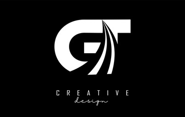 Creative white letters GT g t logo with leading lines and road concept design. Letters with geometric design.