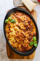 Musaka- top view recording from. Traditional Greek dish of baked layers, eggplant, meat, bechamel sauce