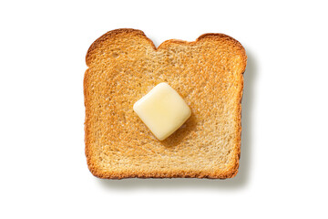 Slice of Toasted Bread With Pad of Melting Butter and Hard Shadow Flat Lay Top Down View - Isolated on White Background
