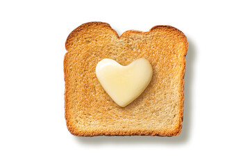 Slice of Toasted Bread With Pad of Heart Shaped Melting Butter and Hard Shadow Flat Lay Top Down View - Isolated on White Background