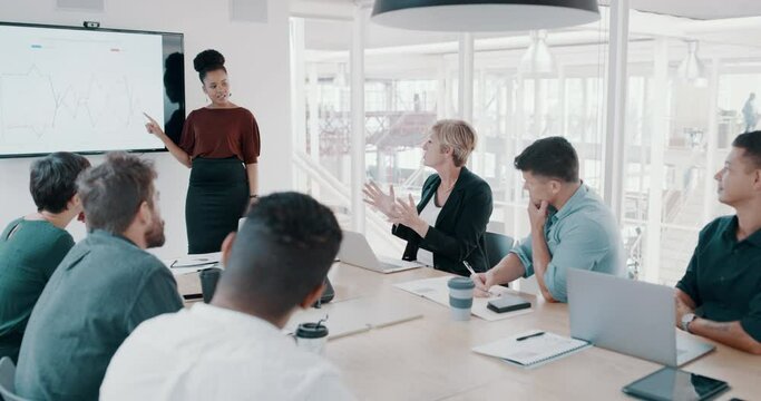 Business people talking data in meeting, finance team planning global strategy with presentation and conversation about graph analytics in workshop. Woman in discussion about financial plan at work