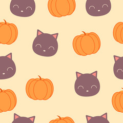 Seamless pattern with orange pumpkins and cute cat on beige background. Illustration can be used as print on textile, typography.