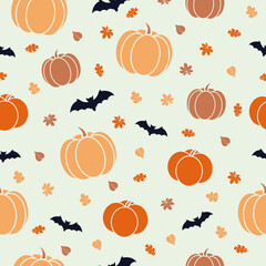 Seamless autumn Halloween pattern with orange pumpkins, bats and leaves on beige background. Illustration can be used as print on textile, typography.
