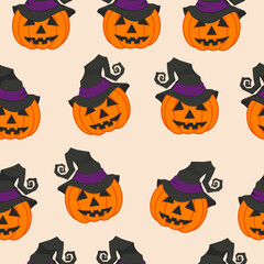 Seamless pattern Halloween pumpkin in witch's hat on beige background. Illustration can be used as print on textile, typography.