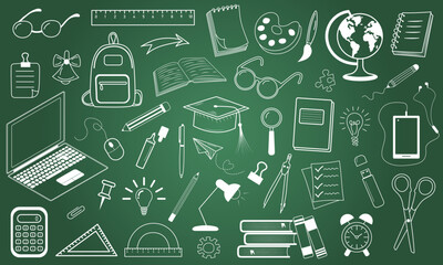 Blackboard with school icons. Education sketchy with school supplies. Linear doodle style. Vector illustration.