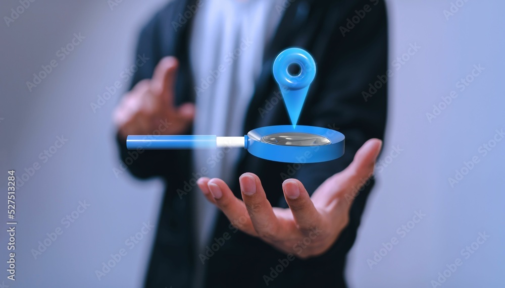 Poster man holding a locator mark on a map - navigation concept