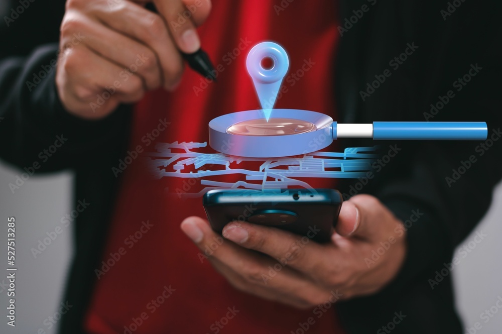 Poster man marking on a locator mark of map - navigation concept