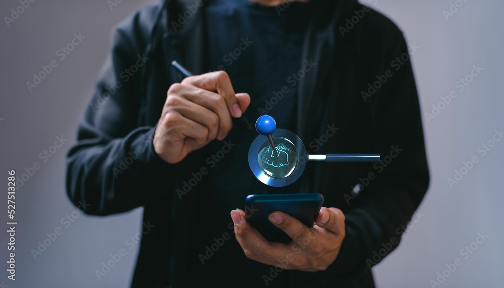 Poster man marking on a locator mark of map - navigation concept