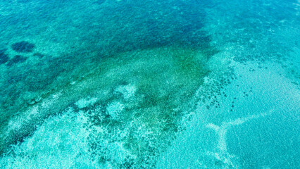 Birds eye view of Coral Triangle coral reef with perfect turquoise aqua blue green ocean in Timor Leste, South East Asia, aerial drone view of sea marine environment