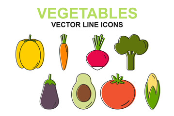 Vegetables vector line icons. Eggplant, pepper, broccoli, carrot, corn, avocado, radish, tomato on white background
