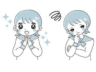 ときめきの表情と困っている表情のセーラー服の女の子　イラストセット