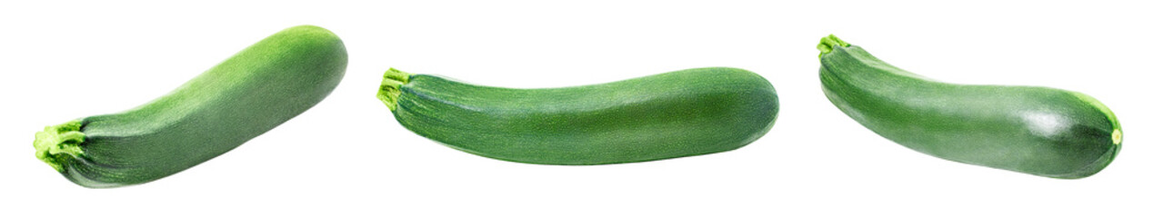 Zucchini, three whole pieces, isolated on white background with clipping path, element of packaging design. Full depth of field.
