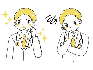 ときめきの表情と困っている表情の白衣を着た男性　イラストセット