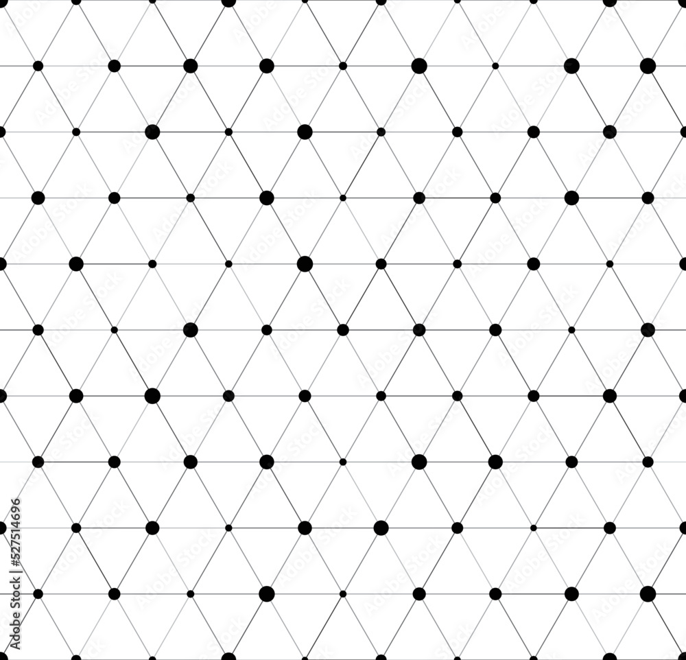 Poster Seamless pattern with lines in triangles and dots with random sizes.