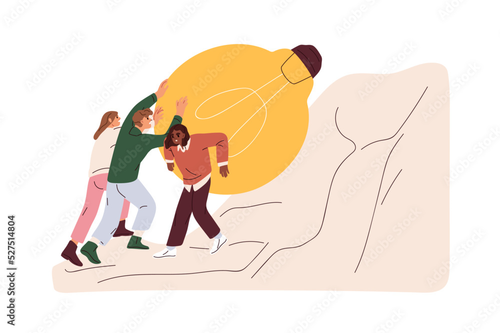 Aufkleber Supporting creative startup idea after failure. Difficult unsuccessful dream project failing. Business concept with lightbulb, creativity problem. Flat vector illustration isolated on white background