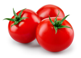 Tomato isolated. Tomatoes on white background. Three tomatoes side view. With clipping path. Full depth of field.