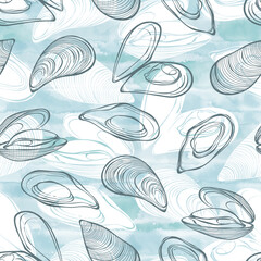 Seamless  pattern with mussels on blue watercolor background. Food vector Illustration. Templates for menu design, packaging, restaurants and catering. Hand drawn images. - 527514805
