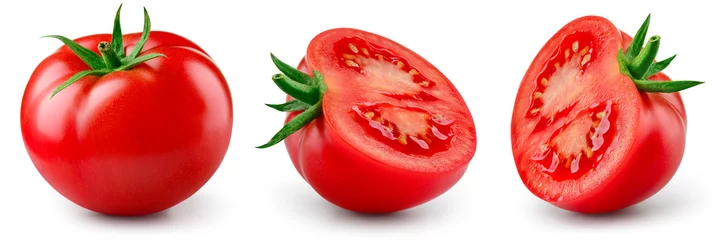 Fotobehang Tomato isolated. Tomato set: whole, half, slice on white background. Cut tomato side view. Collection with clipping path. Full depth of field. © MarcoFood
