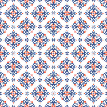 Blue and orange luxury vector seamless pattern. Ornament, Traditional, Ethnic, Arabic, Turkish, Indian motifs. Great for fabric and textile, wallpaper, packaging design or any desired idea. 