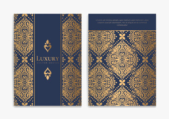 Blue and gold luxury invitation card design with vector ornament pattern. Vintage template. Can be used for background and wallpaper. Elegant and classic vector elements great for decoration.