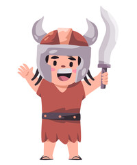 Hun mongolian asian child kids wearing warrior costume with armor holding sword