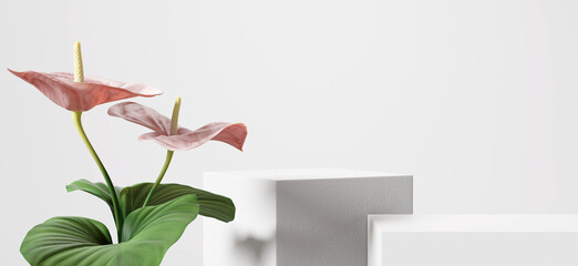 White product display podium with nature leaves. 3D rendering	
