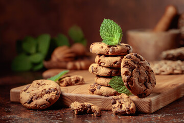 Chocolate cookies with mint on a brown background.