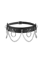 Detail shot of an adjustable black leather belt with metal steel rivets, chains and rings. The...
