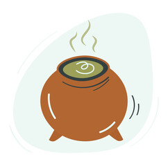 Halloween witch cauldron with potion isolated on white background. Brown leprechaun pot, clay pots. Vector stock illustration in flat style.