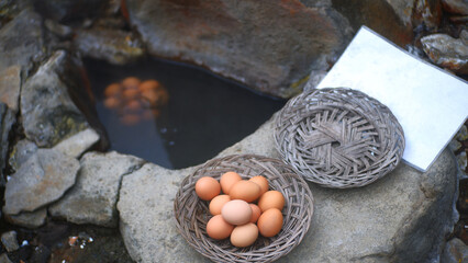 Boiled eggs or eggs boiled in the natural hot water of the mountains