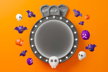 3d rendering Halloween day illustration. Empty dark grey circle banner with Jack O lantern head, tombstone. skull and bat on orange background.
