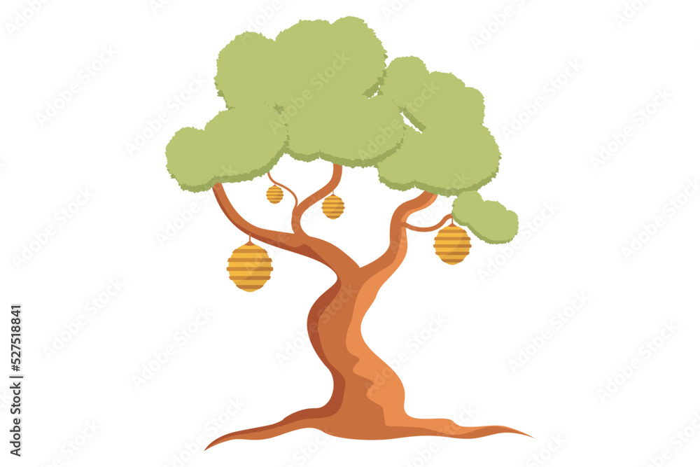 Wall mural shady tree. beehive in the tree. illustration of a tree with a wasp's nest