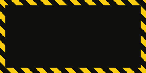Warning frame with yellow and black diagonal stripes. Rectangle warn frame. Yellow and black caution tape border. Vector illustration on black background.