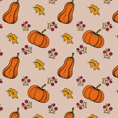 autumn pattern with pumpkin leaves and twigs with berries