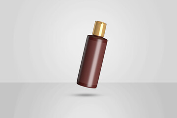 Ayurveda Veda Amber brown liquid plastic bottle in air 3d render mockup on gray background