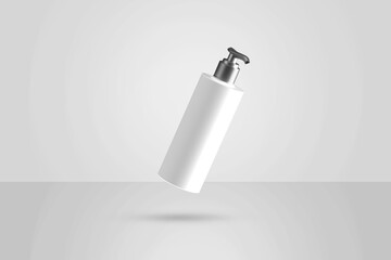 Cosmetic beauty round liquid dispenser white plastic bottle with gray lid 3d render isolated mockup on gray background