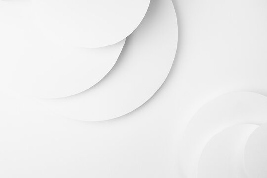 White abstract geometric background with soft light white paper circles soar as abstract spaces with stepped semicircles, copy space in simple elegant modern style for business card, poster, flyer.
