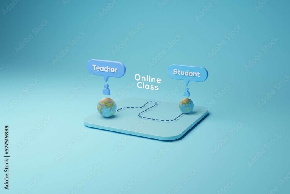 Poster online class 3d rendering teacher and student far apart illustration, learning concepts with online 