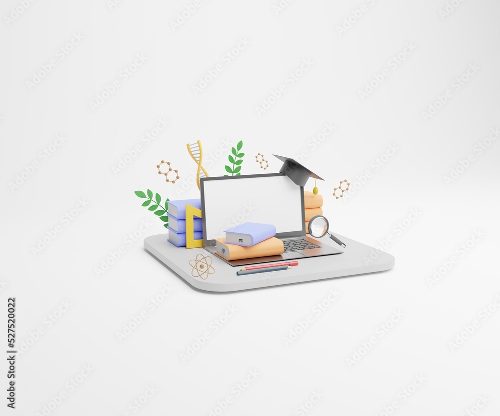 Fototapete learn online 3d rendering with laptop book graduation cap, learning concepts with online courses usi