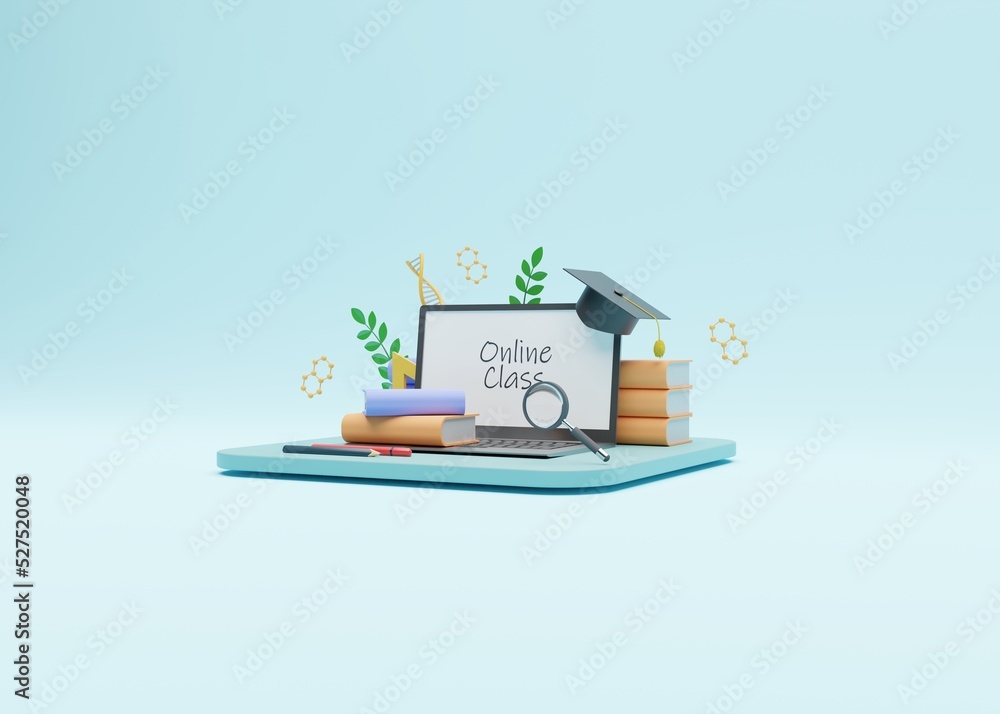 Poster learn online 3d rendering with laptop book graduation cap, learning concepts with online courses usi