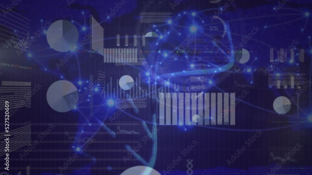 Poster animation of infographic interface with dna helix over illuminated lights in background