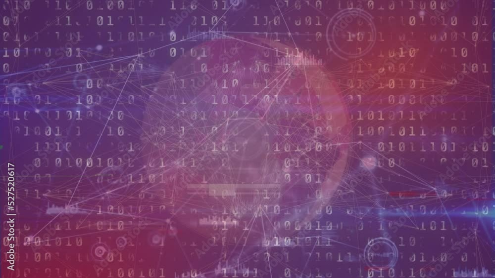 Poster animation of globe and moving graph and dots connected with lines over looping binary code