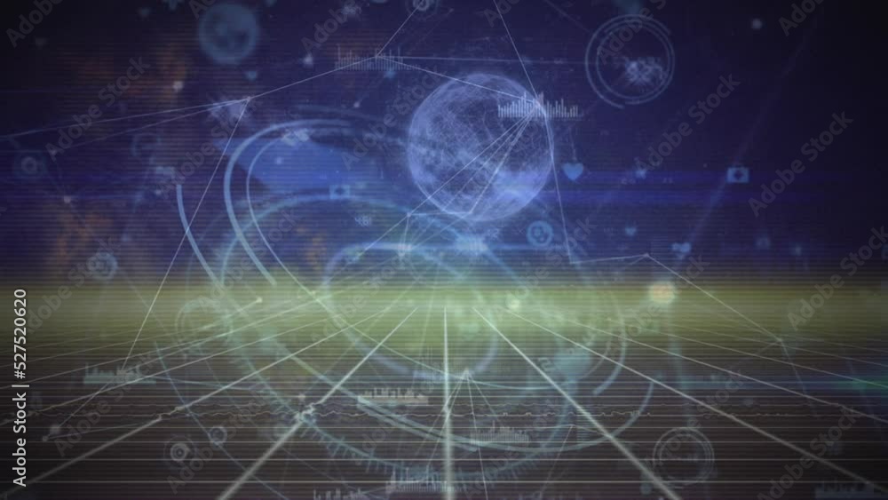 Poster animation of infographic interface with globe and moving circle over grid pattern in background