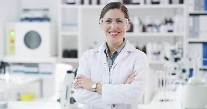 Medical, laboratory worker and scientist in research lab for medical, healthcare innovation and medicine. Smile, happy portrait of futuristic woman DNA doctor with vision for global science cure.