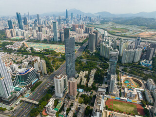 Fototapeta na wymiar Drone fly over Shenzhen city, Futian District
