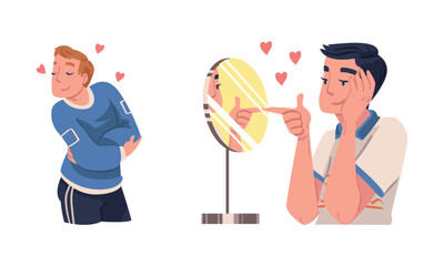 Self Love with Man Character Admiring Himself Looking in Mirror Delighted with His Appearance Reflection Vector Set